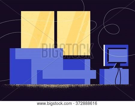 Blue Sofa In Warm Light From The Tv Broadcasting Moovie As Passive Rest And Weekend Chill Concept. F