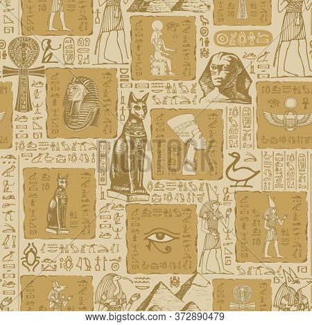 Seamless Pattern On The Theme Of Ancient Egypt With Sketches And Scribbles. Hieroglyphs Are Randomly