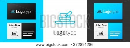 Blue Line Hunter Hat With Feather Icon Isolated On White Background. Plaid Winter Hat. Logo Design T