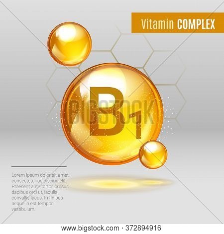 Vitamin B1 Gold Shining Pill Capcule Icon . Vitamin Complex With Chemical Formula, Group B, Thiamine