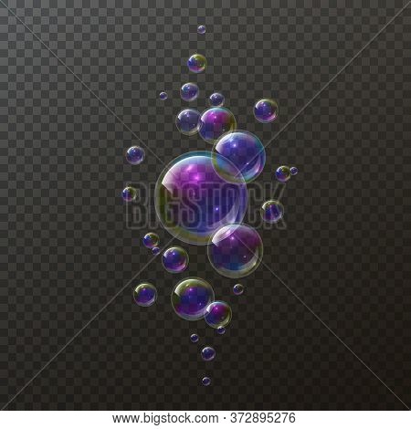 Realistic Soap Bubbles. Shampoo Foam Rainbow Bubble. Iridescent Colorful Cloud Of Big And Little Soa