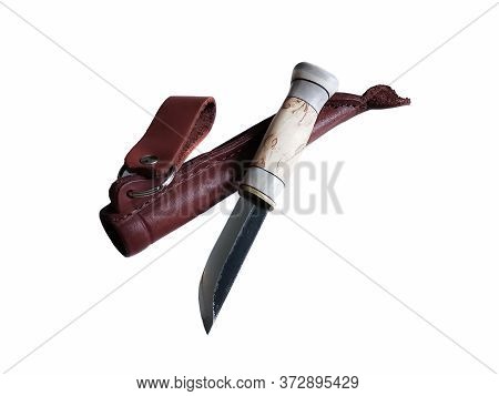 A Hunting Knife With A Short Blade And A Bone Handle With A Leather Case On A White Background. Item