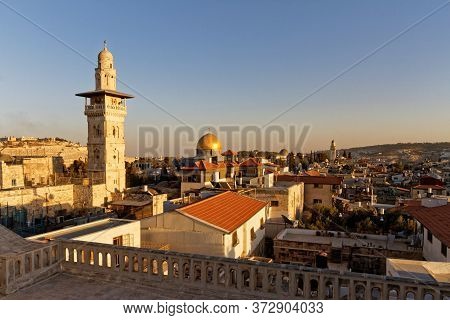 Sunset View Old City Of Jerusalem From Ecce Homo Pilgrim House Roof, Via Dolorosa Street. El-ghawani