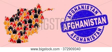 Fire Disaster And Property Collage Afghanistan Map And Afghanistan Scratched Watermark. Vector Colla