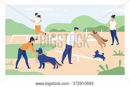 Happy People Training Dogs On Jumping Equipment In City Park Area. Vector Illustration Can Be Used F
