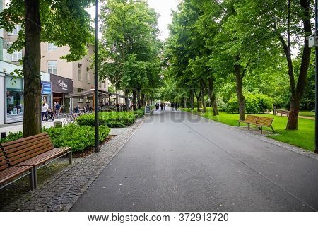 Podebrady, Czech Republic - 7.06.2020: Kolonada Street In Czech City Podebrady Decorated By Beautifu