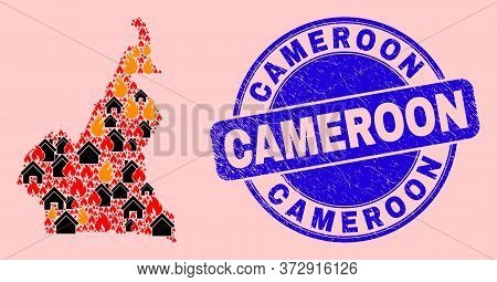 Fire Disaster And Homes Collage Cameroon Map And Cameroon Corroded Stamp. Vector Collage Cameroon Ma