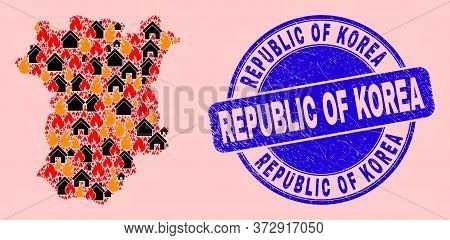 Fire Hazard And Homes Collage Chechen Republic Map And Republic Of Korea Unclean Stamp Imitation. Ve