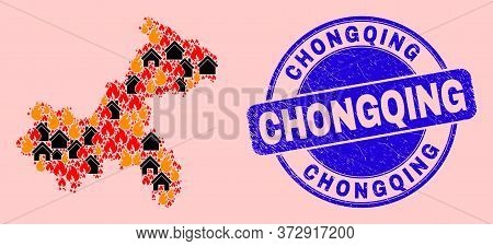 Fire Disaster And Property Composition Chongqing City Map And Chongqing Corroded Seal. Vector Collag