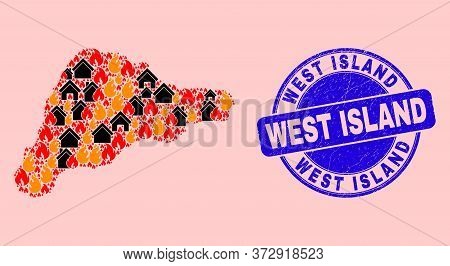 Fire Hazard And Homes Collage Easter Island Map And West Island Textured Stamp. Vector Collage Easte