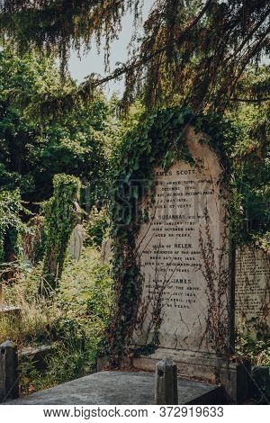 London, Uk - June 16, 2020: Close Up Of A Tombstone With Overgrown Ivy Inside Hampstead Cemetery, A 