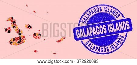 Flame And Houses Collage Galapagos Islands Map And Galapagos Islands Rubber Stamp. Vector Collage Ga