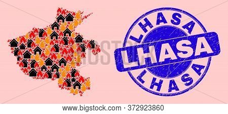 Fire And Houses Collage Henan Province Map And Lhasa Corroded Stamp Seal. Vector Collage Henan Provi