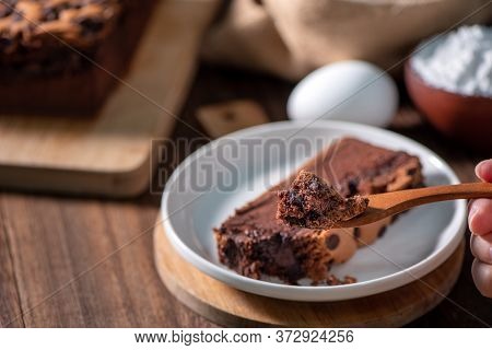 Chocolate Flavor Taiwanese Traditional Sponge Cake (taiwanese Castella Kasutera) On A Wooden Tray Ba