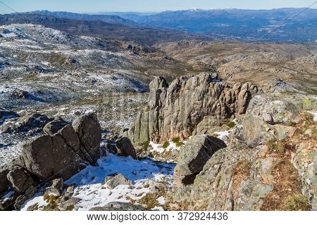 Winter landscape with snow in mountains of Serra do Xures natural park, Galicia, Spain