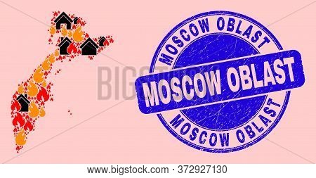 Fire And Homes Composition Kamchatka Map And Moscow Oblast Unclean Stamp. Vector Mosaic Kamchatka Ma