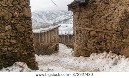 Hizan, Bitlis, Turkey - February 2020: Stone Houses Of A Villahe In Hizan Province In Winter, Easter