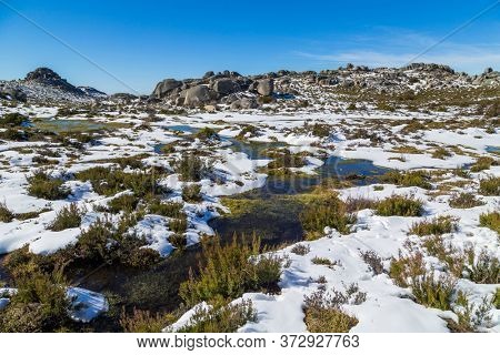 Winter landscape with snow in mountains of Serra do Xures natural park, Galicia, Spain