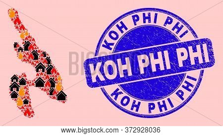 Fire Disaster And Property Collage Koh Phi Don Map And Koh Phi Grunge Stamp Imitation. Vector Mosaic