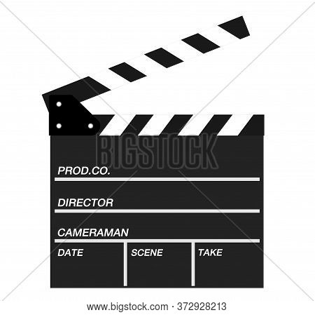 Two Movie Clappers Open And Close Isolated On White Background. Shown Slate Board.realistic Movie Cl