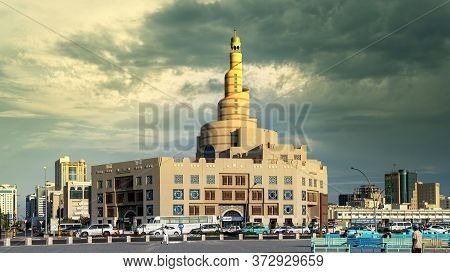 Doha, Qatar - February 2019: Al Fanar Mosque, Nicknamed The Spiral Mosque With Dramatic Sky And Clou
