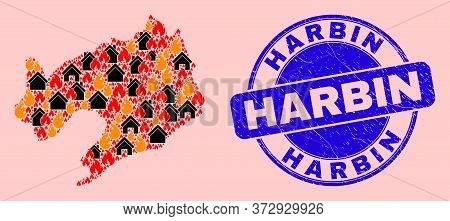 Fire Disaster And Property Mosaic Liaoning Province Map And Harbin Scratched Stamp. Vector Collage L