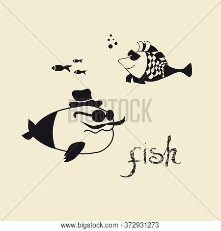 Lovely Graphics Fish.black-and-white Cartoon. Vector Stock Illustration. Set.