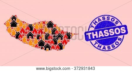 Fire And Houses Combination Madeira Map And Thassos Unclean Stamp Seal. Vector Collage Madeira Map I