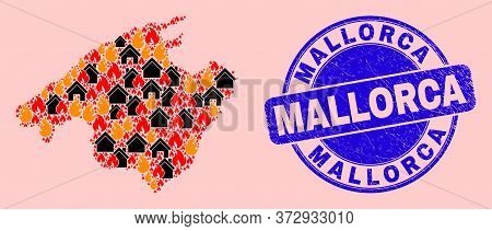 Fire And Property Collage Mallorca Map And Mallorca Rubber Seal. Vector Collage Mallorca Map Is Crea