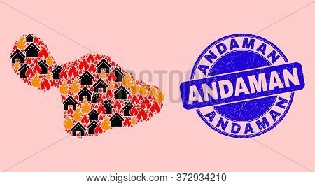 Fire Hazard And Houses Composition Maui Island Map And Andaman Corroded Stamp Imitation. Vector Coll