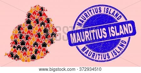 Fire Disaster And Homes Collage Mauritius Island Map And Mauritius Island Textured Stamp Imitation. 