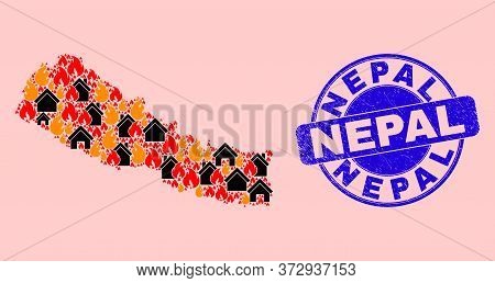 Fire And Houses Mosaic Nepal Map And Nepal Unclean Stamp. Vector Mosaic Nepal Map Is Designed From R