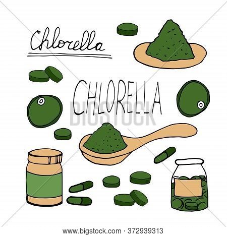 Chlorella Hand Drawn In Doodle Style. Set Of Elements For Design, Collection. Super Food, Seaweed, A