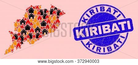 Fire Disaster And Property Collage Odisha State Map And Kiribati Unclean Stamp Seal. Vector Collage 