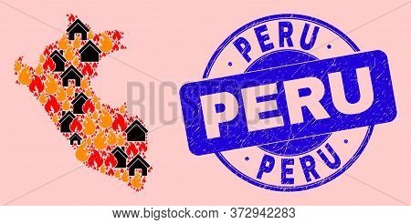 Fire Hazard And Realty Collage Peru Map And Peru Dirty Watermark. Vector Collage Peru Map Is Organiz