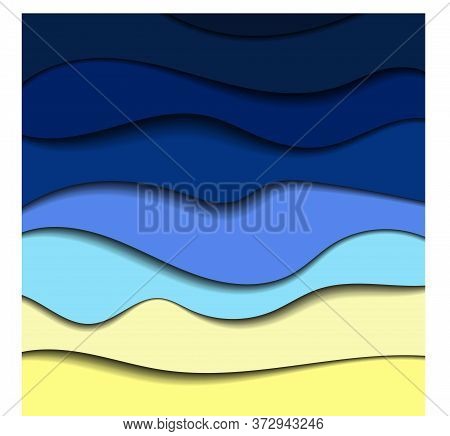 Summer Vacation Marine Paper Cut Background. Blue Flat Waves And Yellow Sand. Seasonal Sea Image. Sm