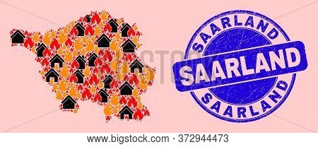 Flame And Homes Collage Saarland Land Map And Saarland Dirty Stamp Imitation. Vector Collage Saarlan