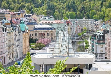 View Of Street  With Hot Spring Colonnade Vridlo In Karlovy Vary. Czech Republic. 01/05/2020 Year