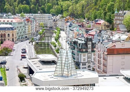 View Of Street  With Hot Spring Colonnade Vridlo In Karlovy Vary. Czech Republic. 01/05/2020 Year