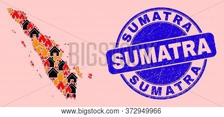 Fire Disaster And Houses Collage Sumatra Map And Sumatra Textured Stamp Imitation. Vector Collage Su