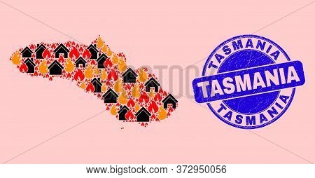 Fire Disaster And Houses Composition Sumba Island Map And Tasmania Grunge Stamp. Vector Collage Sumb