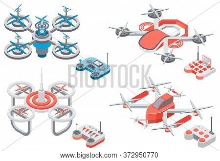 Drone With Remote Controller, Wireless Device With Propellers, Quadcopter Symbol, Aircraft With Remo