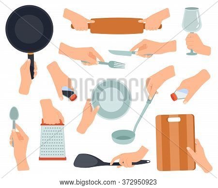 Hand Hold Kitchenware. Cooking Items In Female Hands, Frying Pan, Stainless Fork, Knife, Hands Holdi