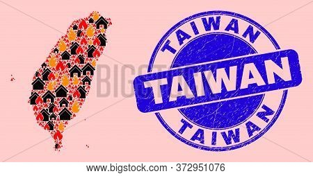 Flame And Buildings Collage Taiwan Map And Taiwan Corroded Stamp Print. Vector Collage Taiwan Map Is
