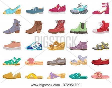 Boots And Shoes. Modern Elegant Female, Male And Childrens Footwear, Sneakers, Sandals, Boots For Wi
