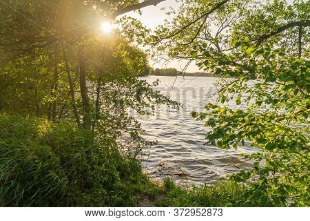 Sunset View Between Trees At Ukiel Lake In Olsztyn, Poland.