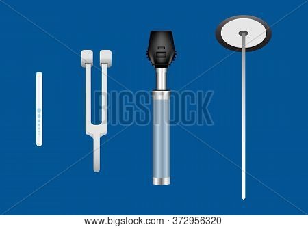 Set Of Neurological Instruments Including Pen Light, Tuning Fork, Ophthalmoscope And Reflex Hammer