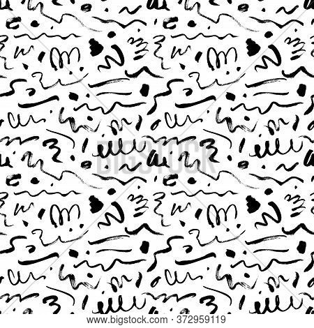 Wavy And Swirled Brush Strokes Vector Seamless Pattern. Black Paint Freehand Scribbles, Abstract Ink