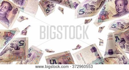 Us Yuan Bill. Chairman Mao, Mao Zedong Chinese Cash. Falling Renminbi Money Background.