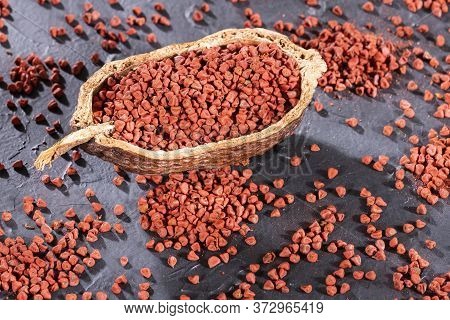 Organic Achiote Seeds - Bixa Orellana. Text Space